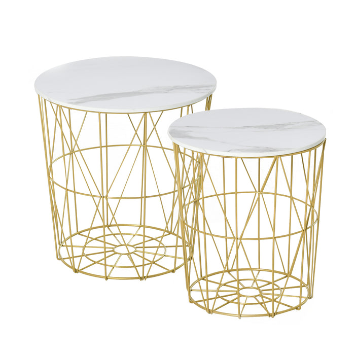 Set of 2 Nesting Side Tables with Storage, Round End Tables Coffee Tables with Steel Frame and Removable Round Top, White