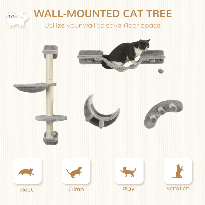 Four-Piece Cat Wall Furniture w/ Hammock, Ladder, Platforms, Steps - Grey