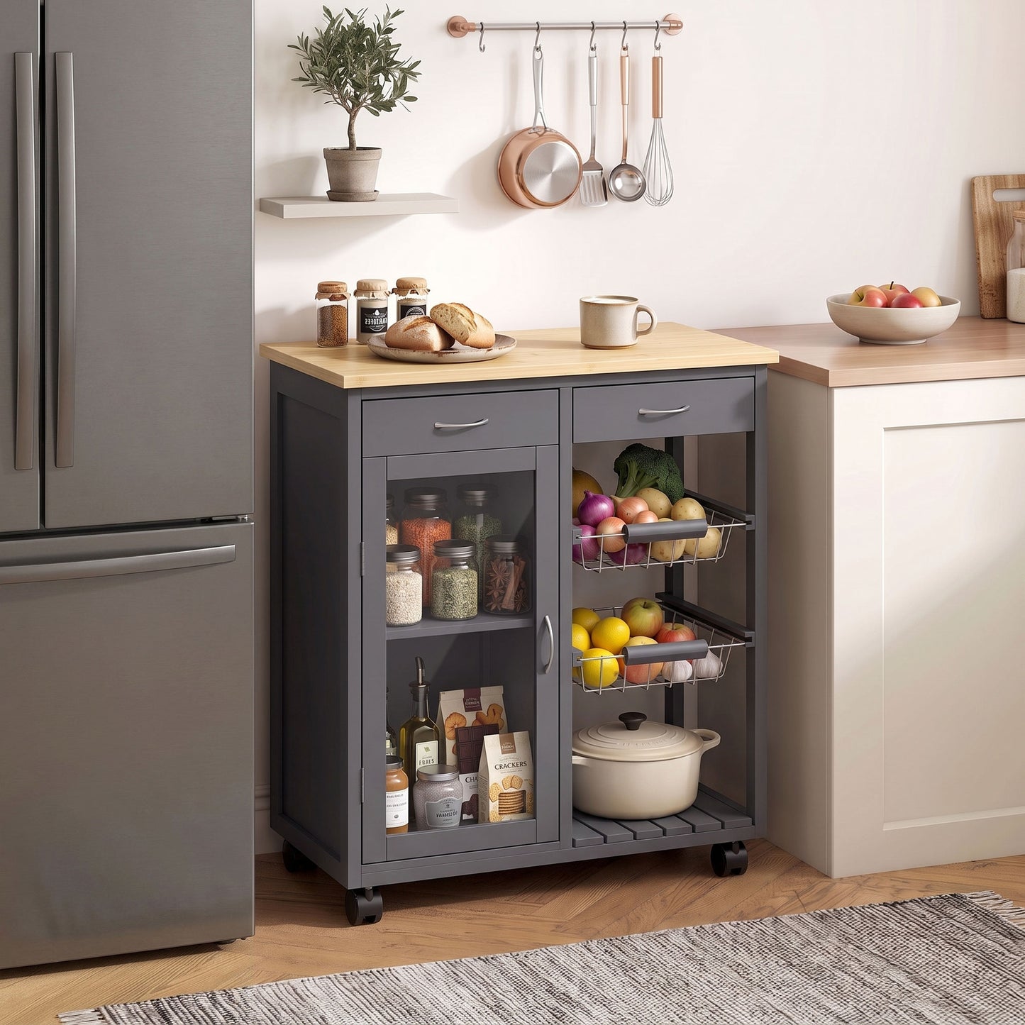 Bamboo Kitchen Island with Glass Door, 2 Metal Wire Baskets, Grey