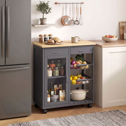 Bamboo Kitchen Island with Glass Door, 2 Metal Wire Baskets, Grey