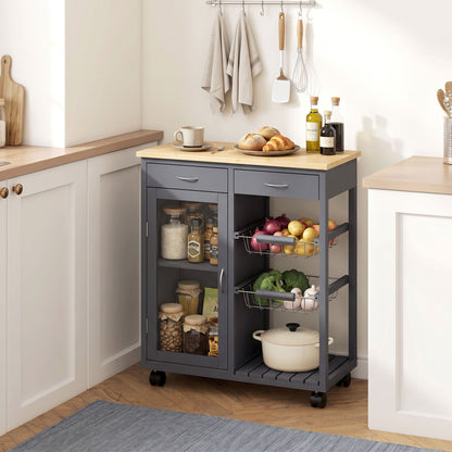 Bamboo Kitchen Island with Glass Door, 2 Metal Wire Baskets, Grey