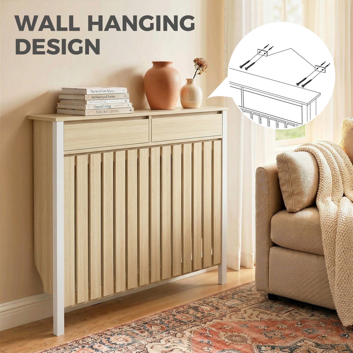 Large Radiator Cover with Drawers and Vertical Slats Oak