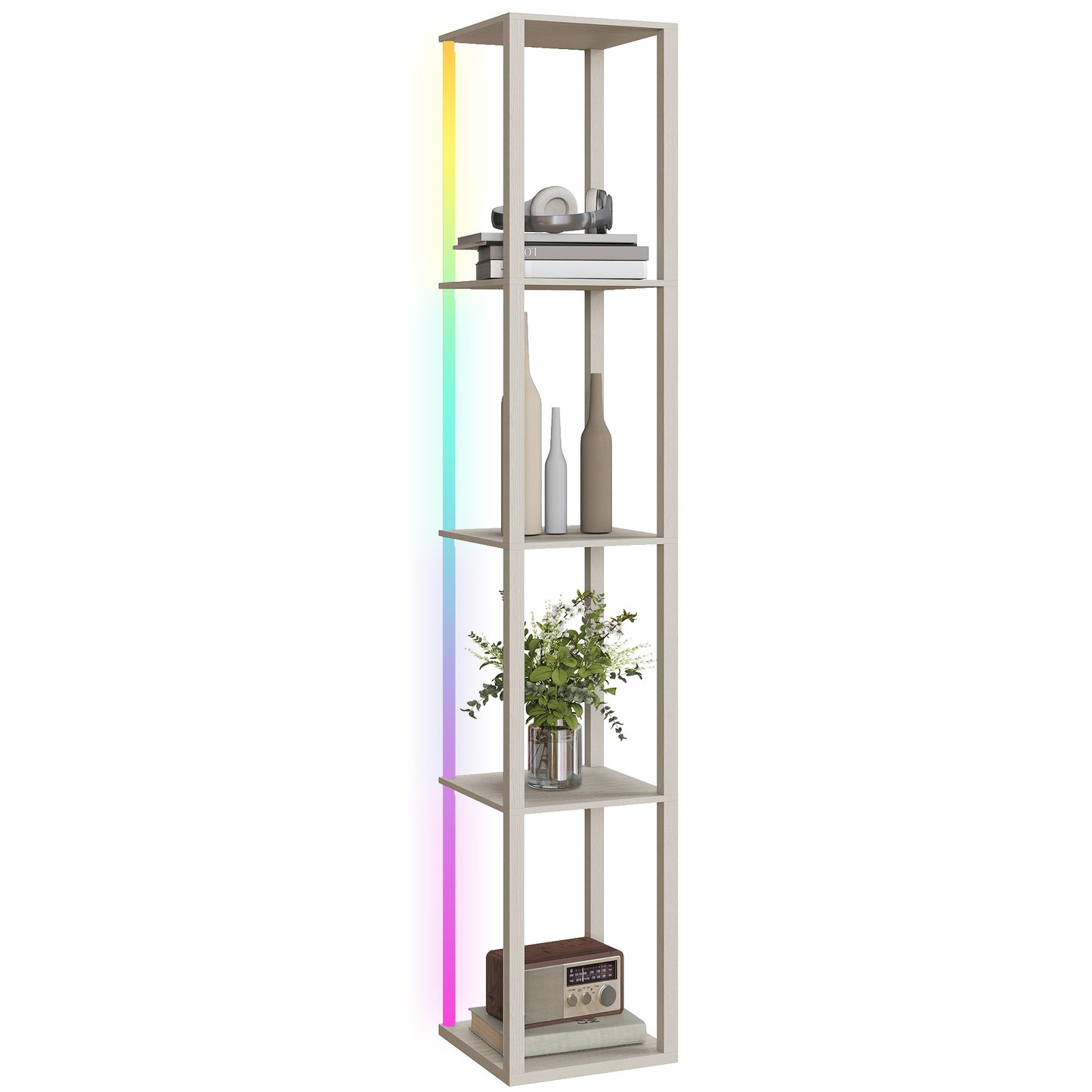 RGB LED Floor Lamp with Shelves and Remote Control for Bedroom, Oak