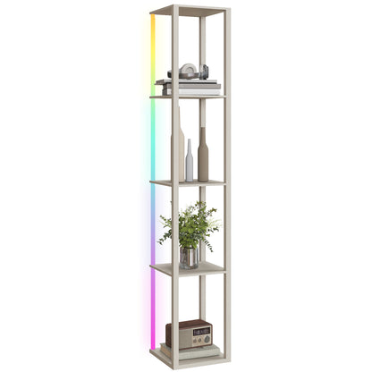 RGB LED Floor Lamp with Shelves and Remote Control for Bedroom, Oak