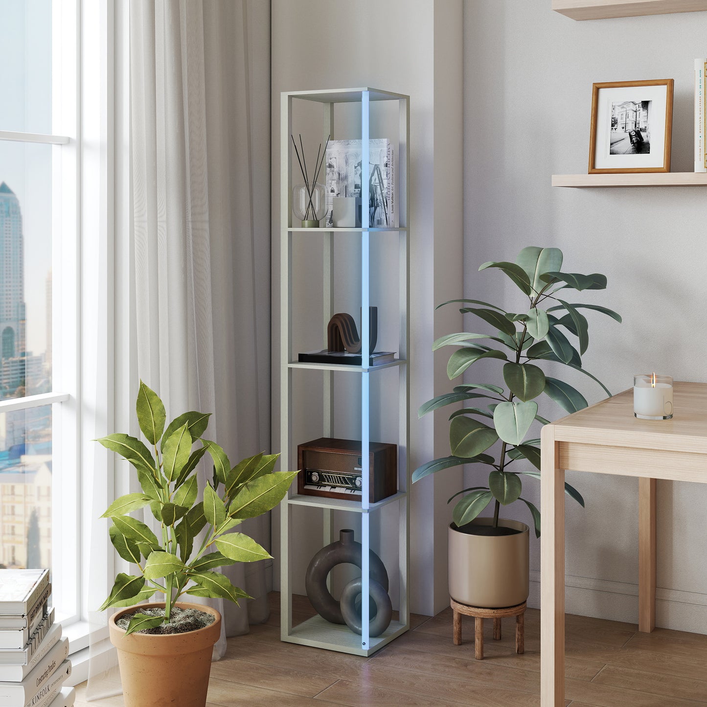 RGB LED Floor Lamp with Shelves and Remote Control for Bedroom, Oak