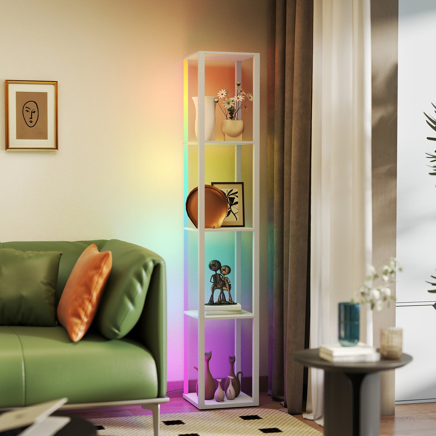 RGB LED Floor Lamp with Shelves and Remote Control for Bedroom, Oak