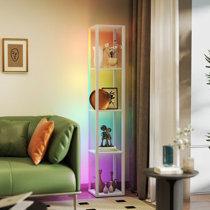RGB LED Floor Lamp with Shelves and Remote Control for Bedroom, Oak