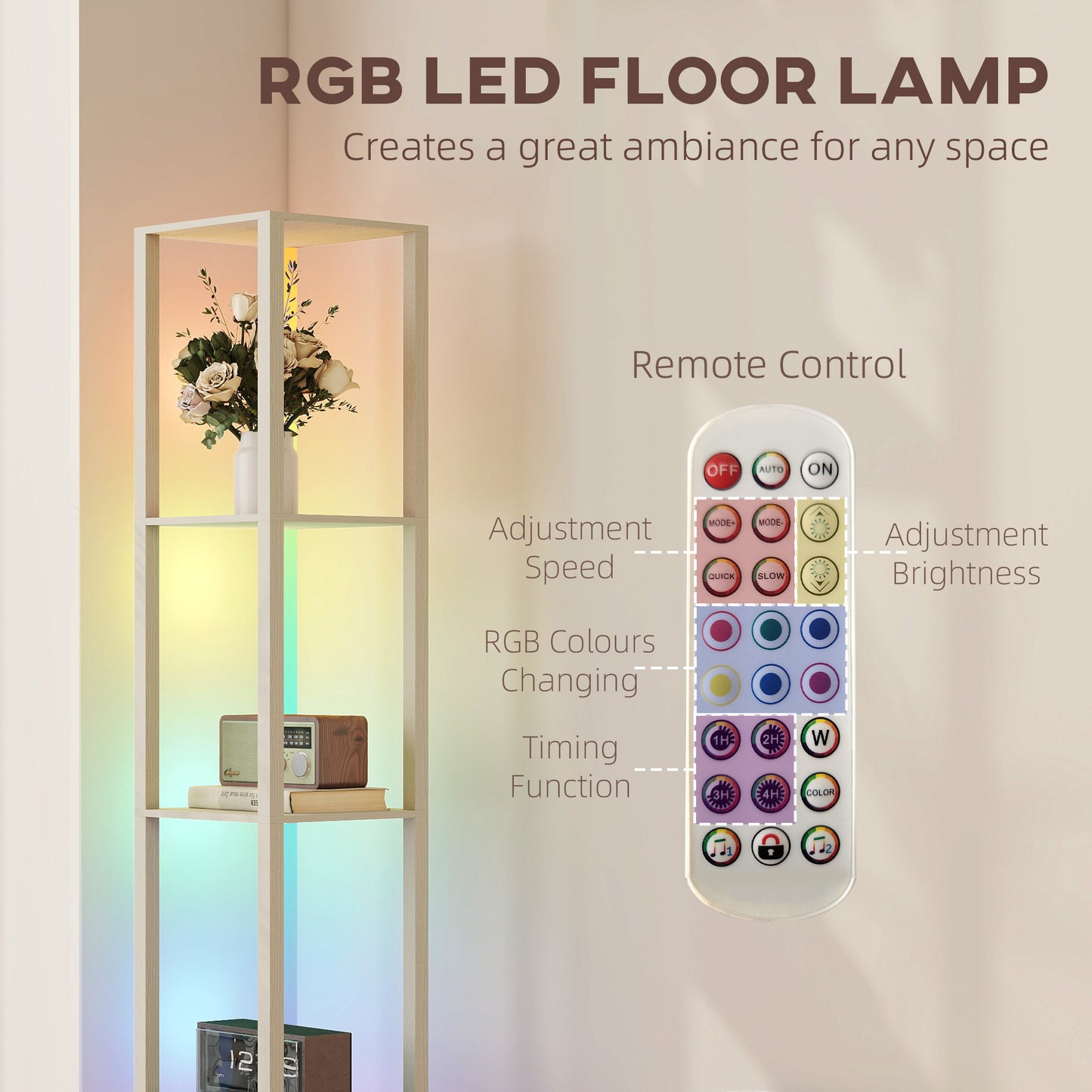 RGB LED Floor Lamp with Shelves and Remote Control for Bedroom, Oak
