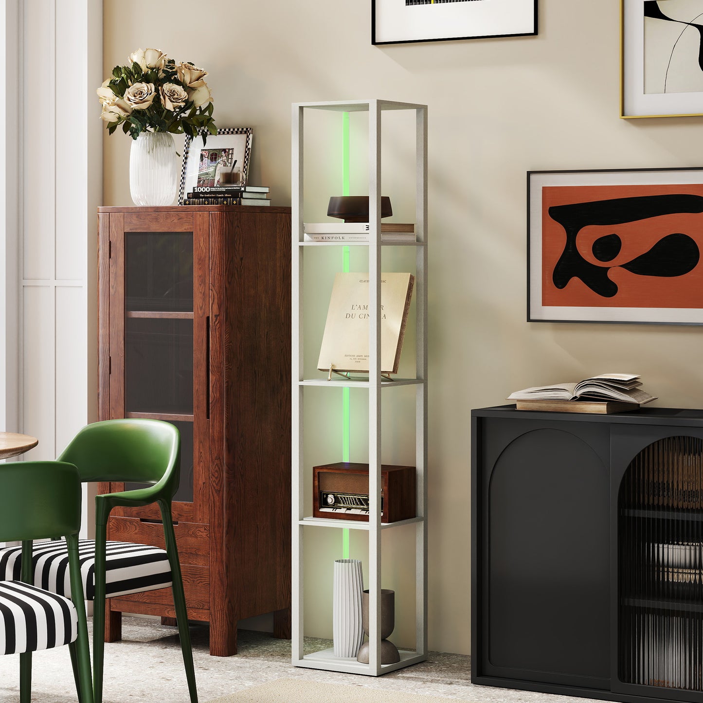 RGB LED Floor Lamp with Shelves and Remote Control for Bedroom, Oak