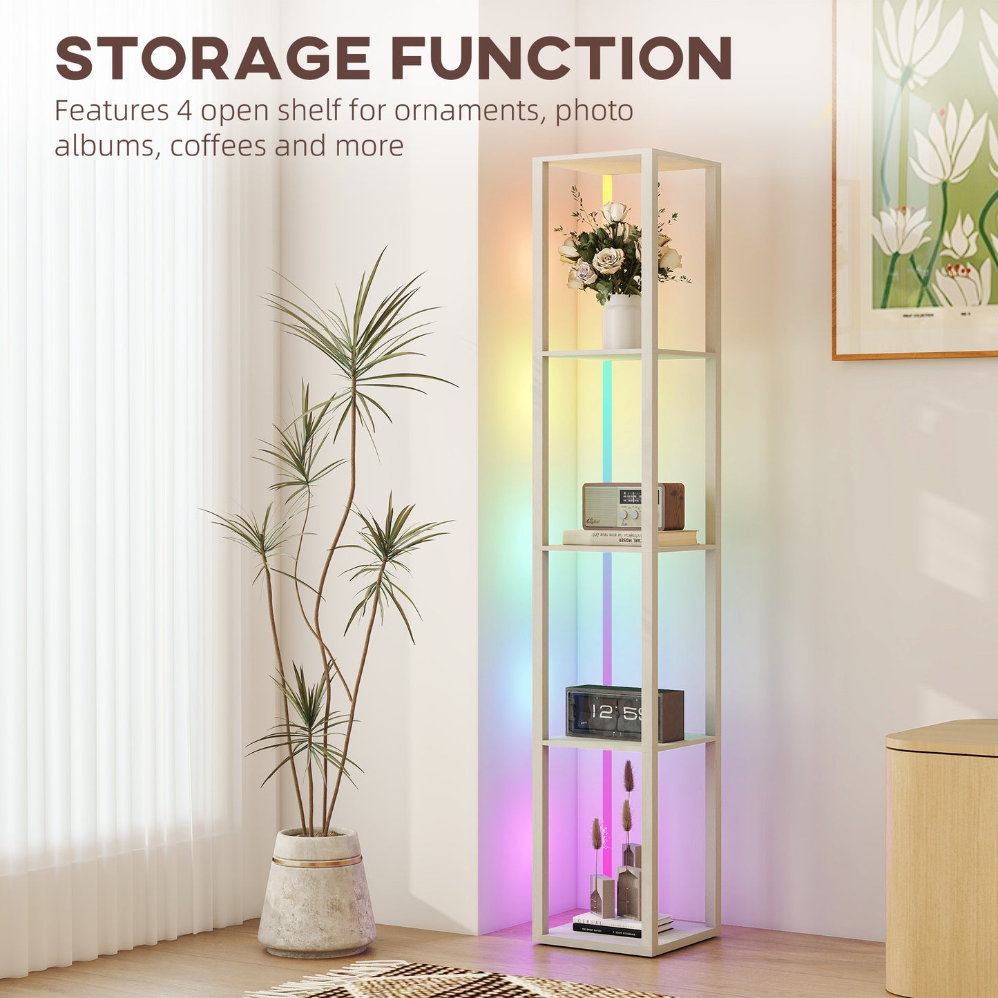 RGB LED Floor Lamp with Shelves and Remote Control for Bedroom, Oak