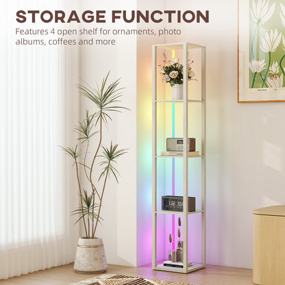 RGB LED Floor Lamp with Shelves and Remote Control for Bedroom, Oak