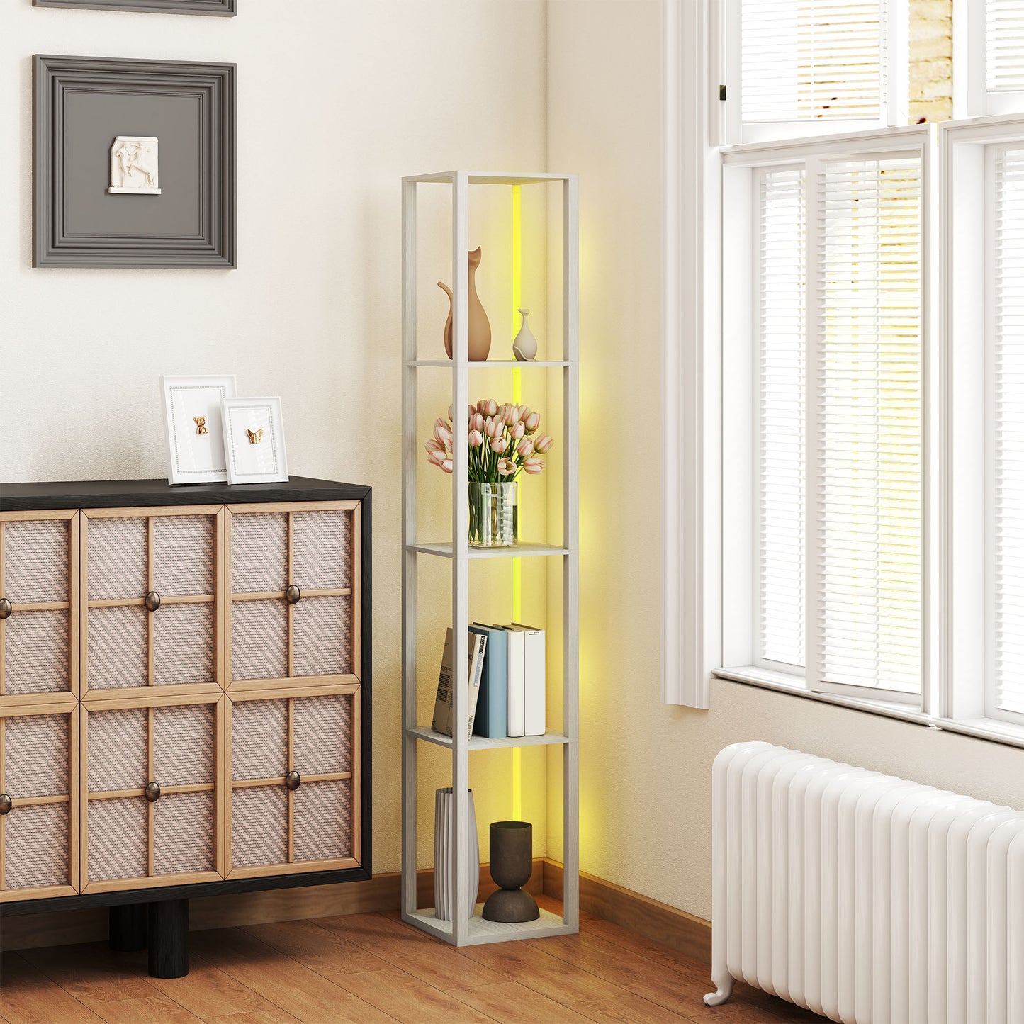 RGB LED Floor Lamp with Shelves and Remote Control for Bedroom, Oak