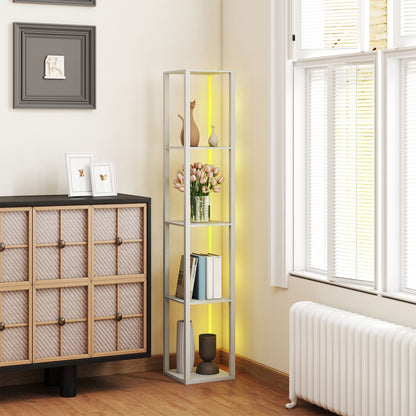 RGB LED Floor Lamp with Shelves and Remote Control for Bedroom, Oak