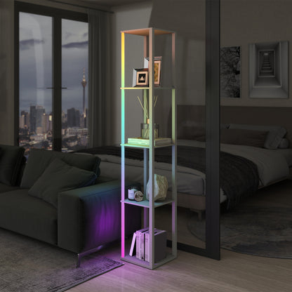 RGB LED Floor Lamp with Shelves and Remote Control for Bedroom, Oak