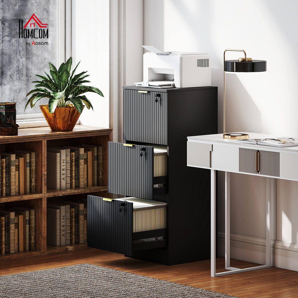 Filing Cabinet, File Cabinet with 3 Lockable Drawers and Hanging Rails