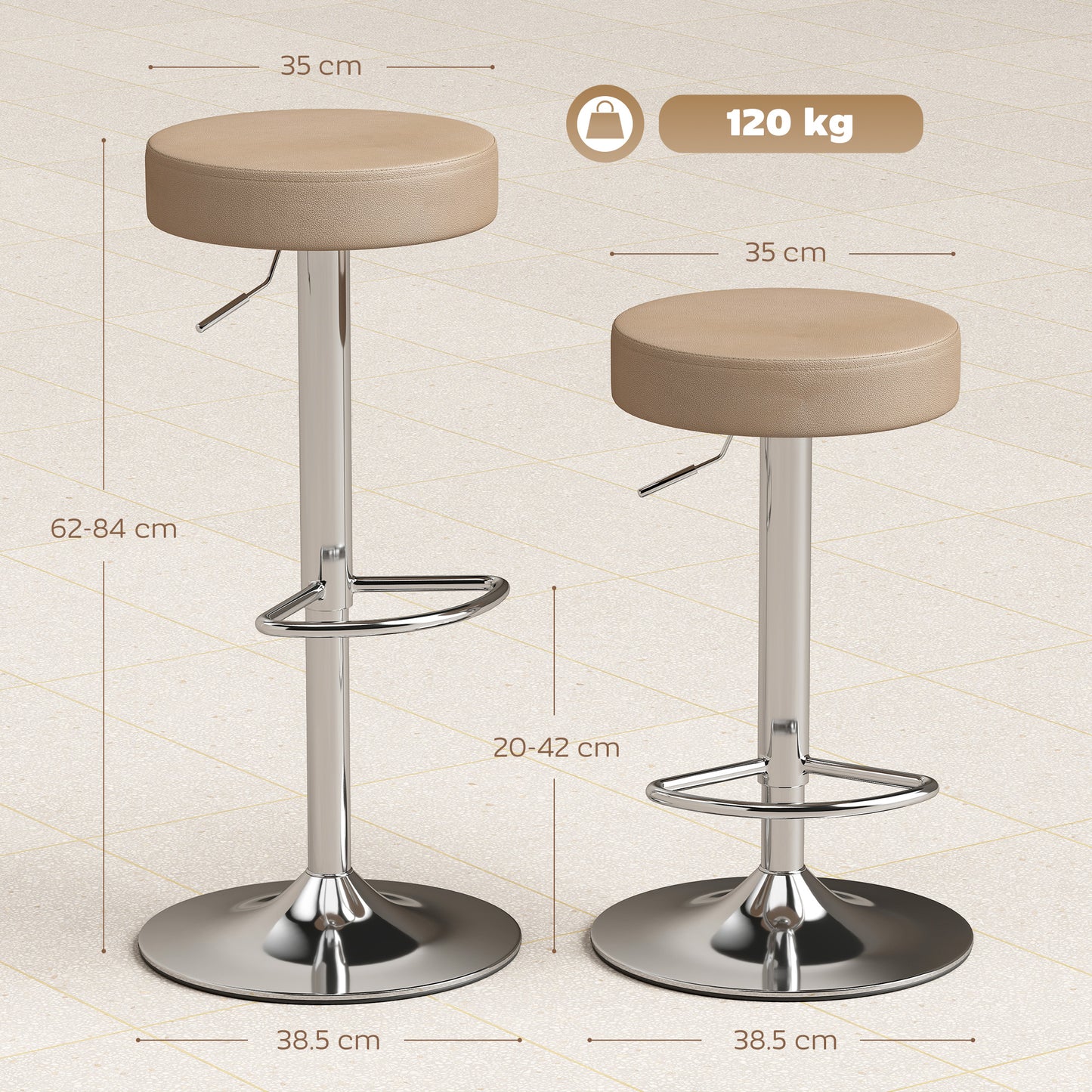 Bar Stools Set of 2, Height Adjustable Breakfast Bar Chairs, Brown