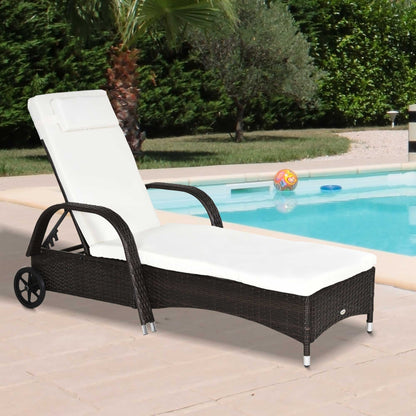 Outsunny Garden Rattan Furniture Single Sun Lounger Recliner Bed Reclining Chair Patio Outdoor Wicker Weave Adjustable Headrest with Fire Retardant Cushion - Brown