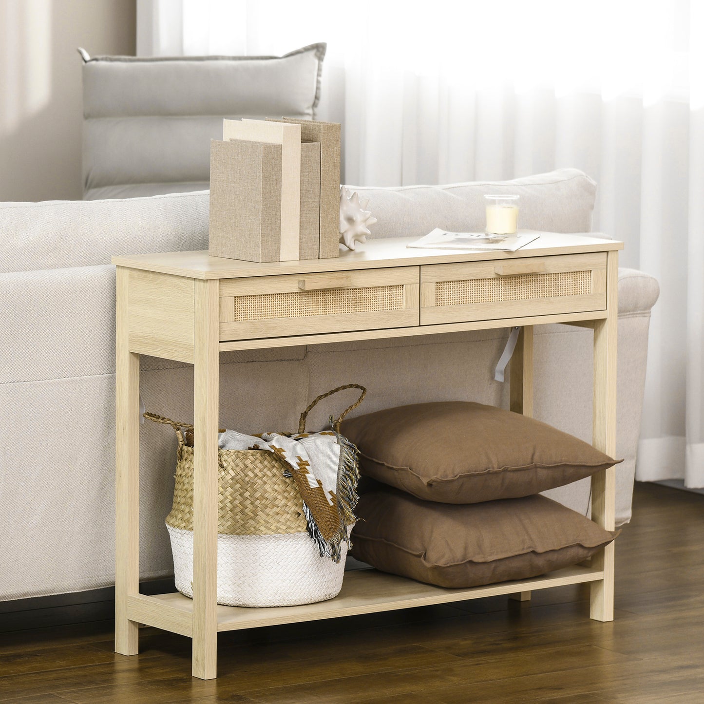 Console Table w/ Storage Shelf 2 Drawers for Entryway Bedroom Natural