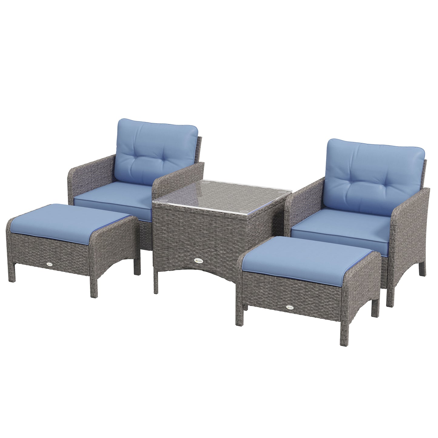 5 Pieces PE Rattan Garden Furniture Set, Wicker Outdoor Set w/ 2 Armchairs 2 Stools Glass Top Table Cushions, Blue