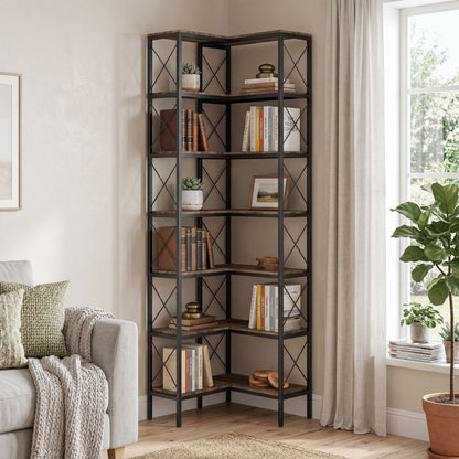 6-Tier Corner Bookshelf, L-Shaped Bookcase, Freestanding Display Shelf with Metal Frame for Living Room, Home Office, Bedroom, 60 x 60 x 200 cm, Rustic Brown