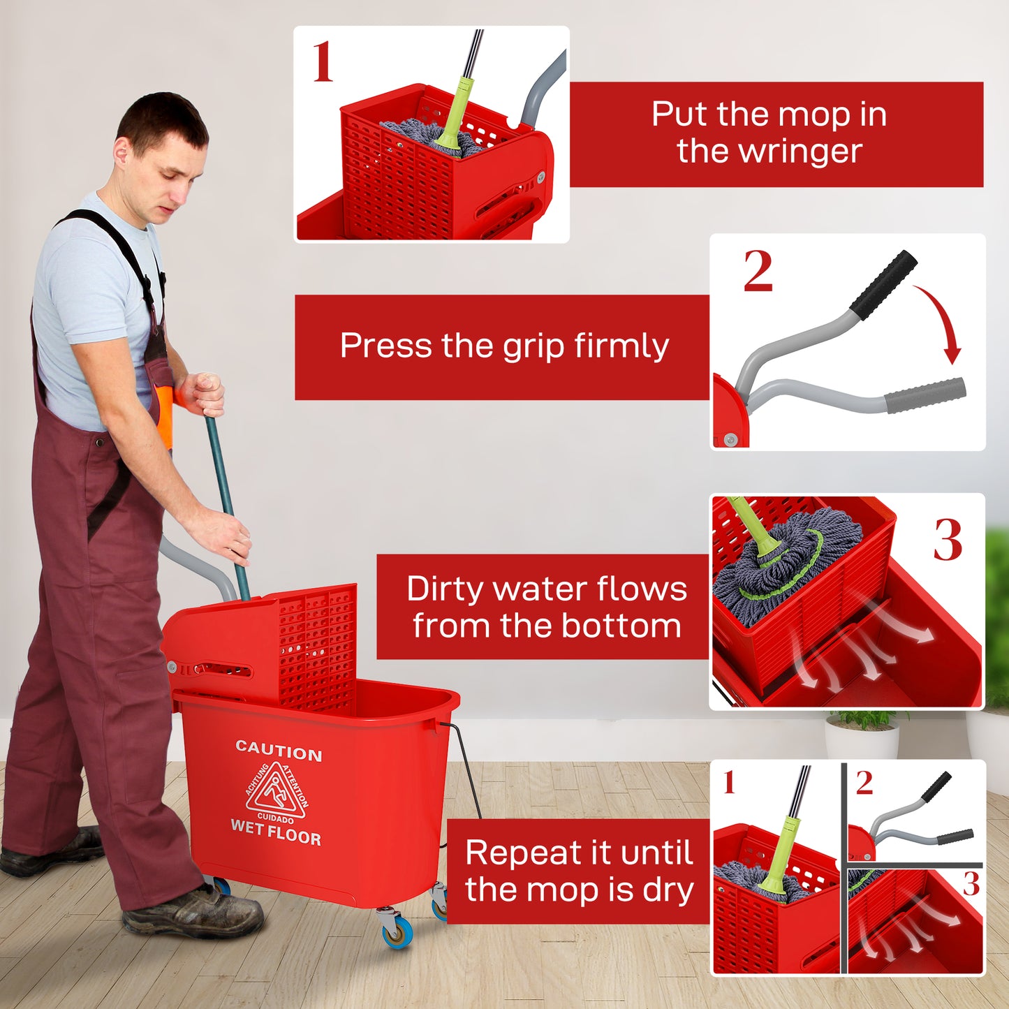 20L Mop Bucket with Wringer Handle on Wheels for Floor Cleaning Red