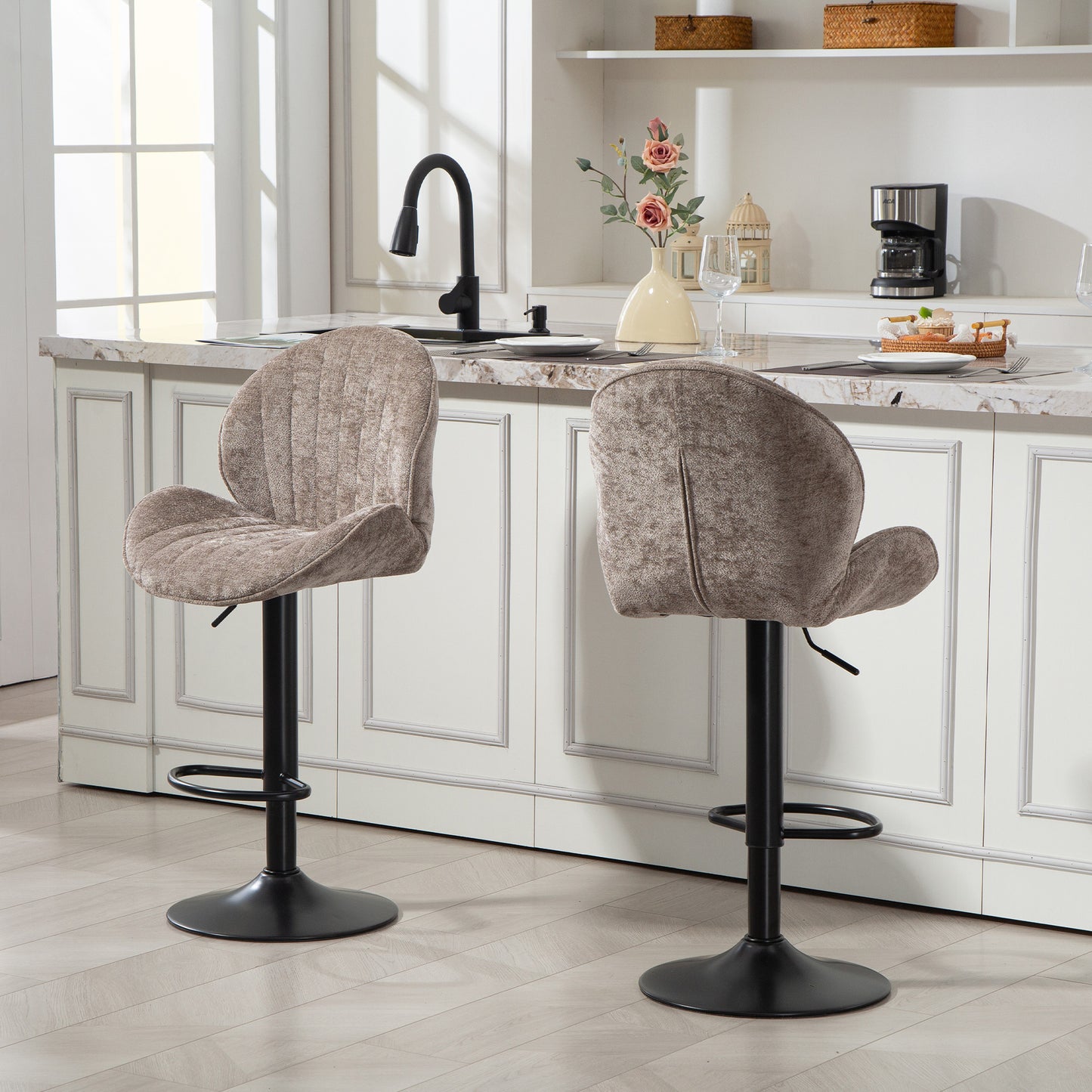 Modern Bar Stools Set of 2, Swivel Counter Height Barstools, Brown