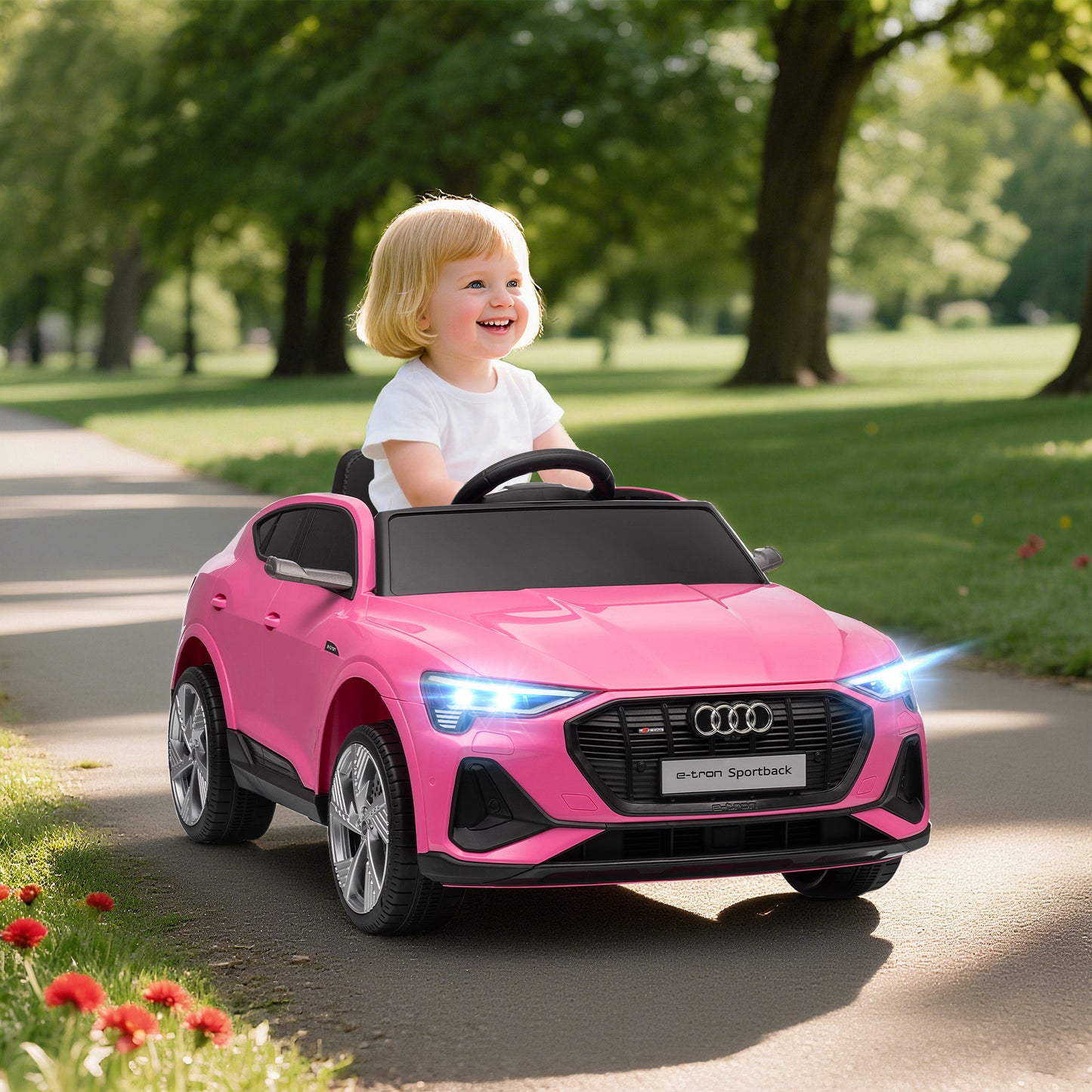 Audi E-tron Licensed 12V Kids Electric Ride on, Electric Car for Kids, with Parental Remote, Music Lights MP3, Suspension Wheels, for 3-5 Years, Pink