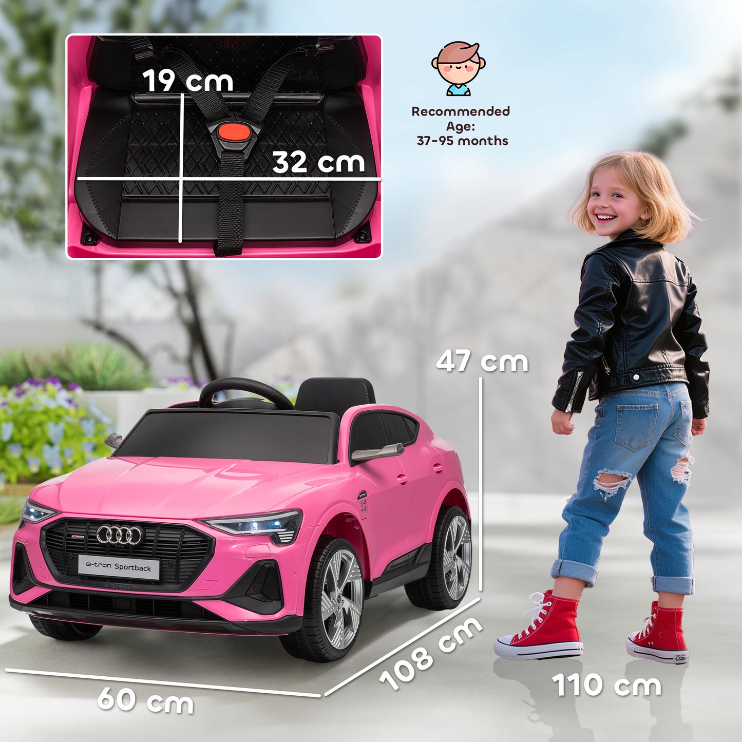 Audi E-tron Licensed 12V Kids Electric Ride on, Electric Car for Kids, with Parental Remote, Music Lights MP3, Suspension Wheels, for 3-5 Years, Pink
