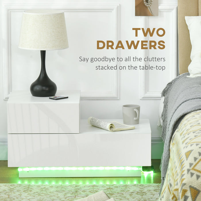 High Gloss Front Bedside Cabinets with Drawers, Nightstand with RGB LED and Remote for Bedroom Living Room White