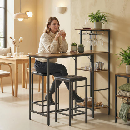 3Pcs Breakfast Bar Table and Stools Set 4-tier shelving, Rustic Brown