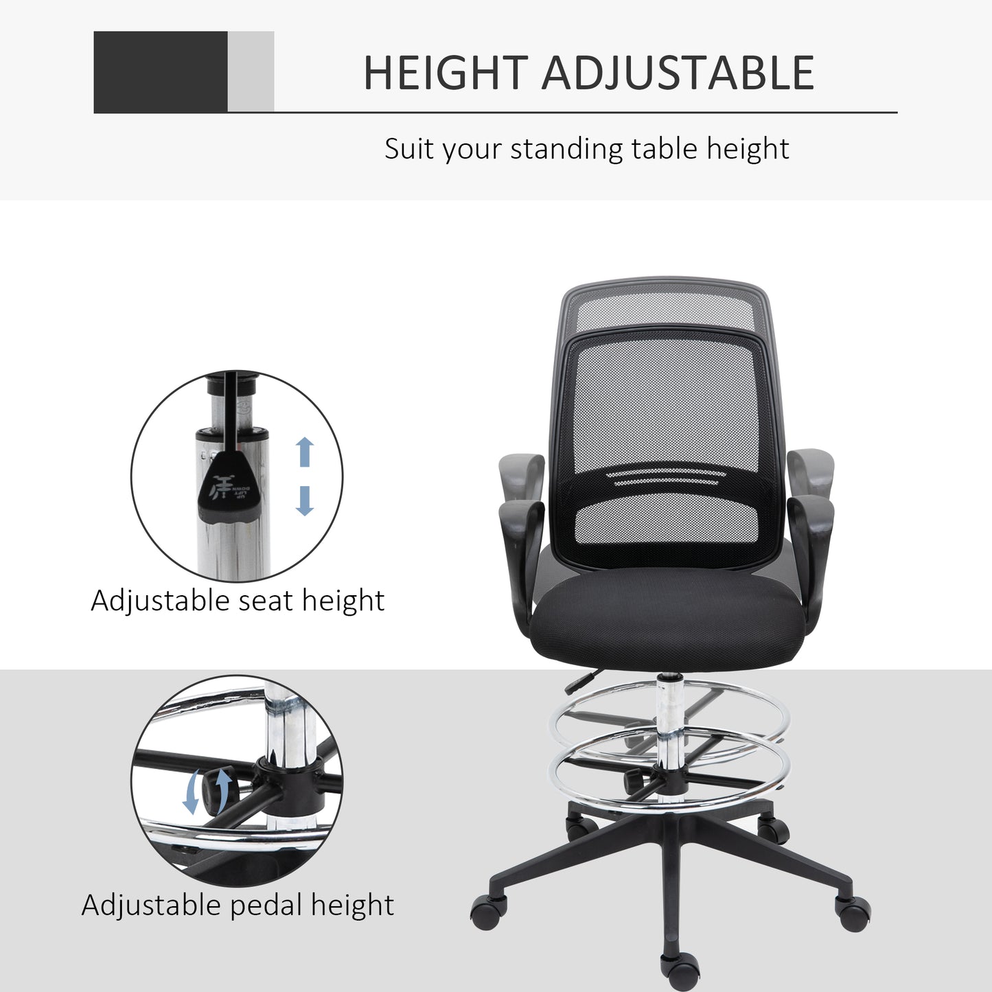 Vinsetto Ergonomic Mesh Back Draughtsman Chairs Tall Office Chair with Adjustable Height and Footrest 360¬¨‚àû Swivel