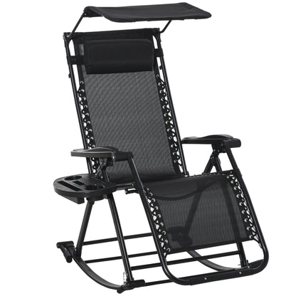 Garden Rocking Chair Folding Recliner Outdoor Adjustable Sun Lounger Rocker Zero-Gravity Seat with Headrest Side Holder Patio Deck - Black