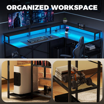 L Shaped Gaming Desk w/ LED Lights and Power Outlets, Black