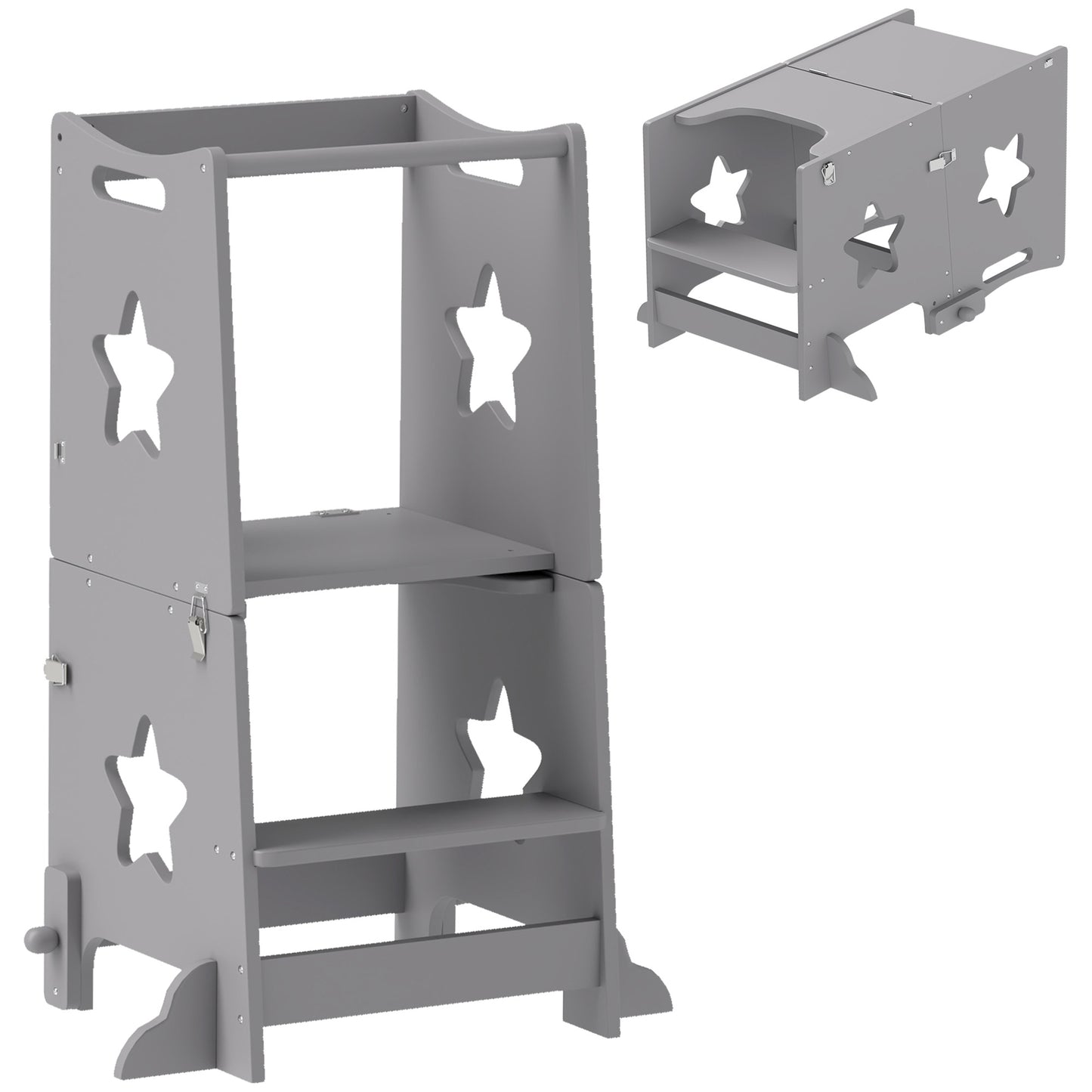 2-in-1 Toddler Step Stool with Safety Rail for Kitchen, Grey