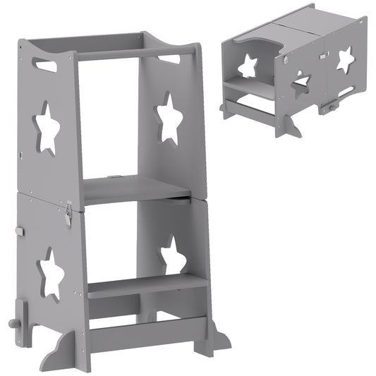 2-in-1 Toddler Step Stool with Safety Rail for Kitchen, Grey