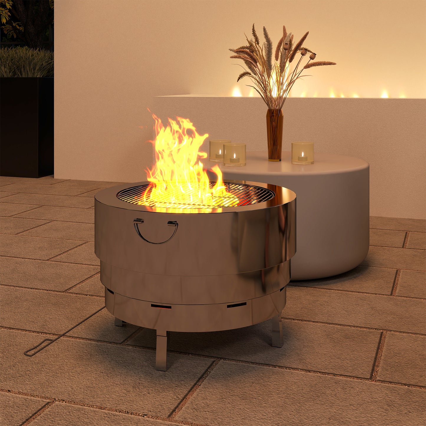 Round Fire Pit with Grill Net, Stainless Steel Firepit, Silver