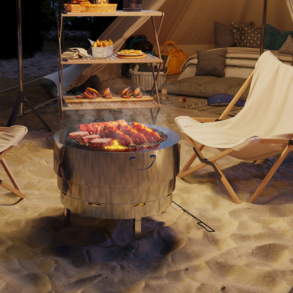 Round Fire Pit with Grill Net, Stainless Steel Firepit, Silver