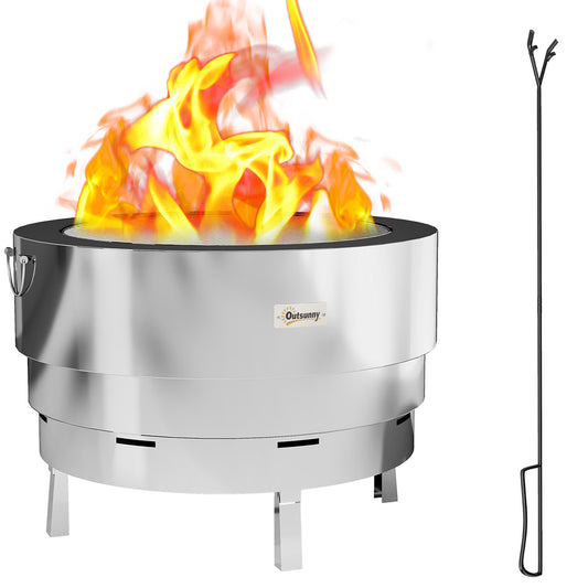 Round Fire Pit with Grill Net, Stainless Steel Firepit, Silver