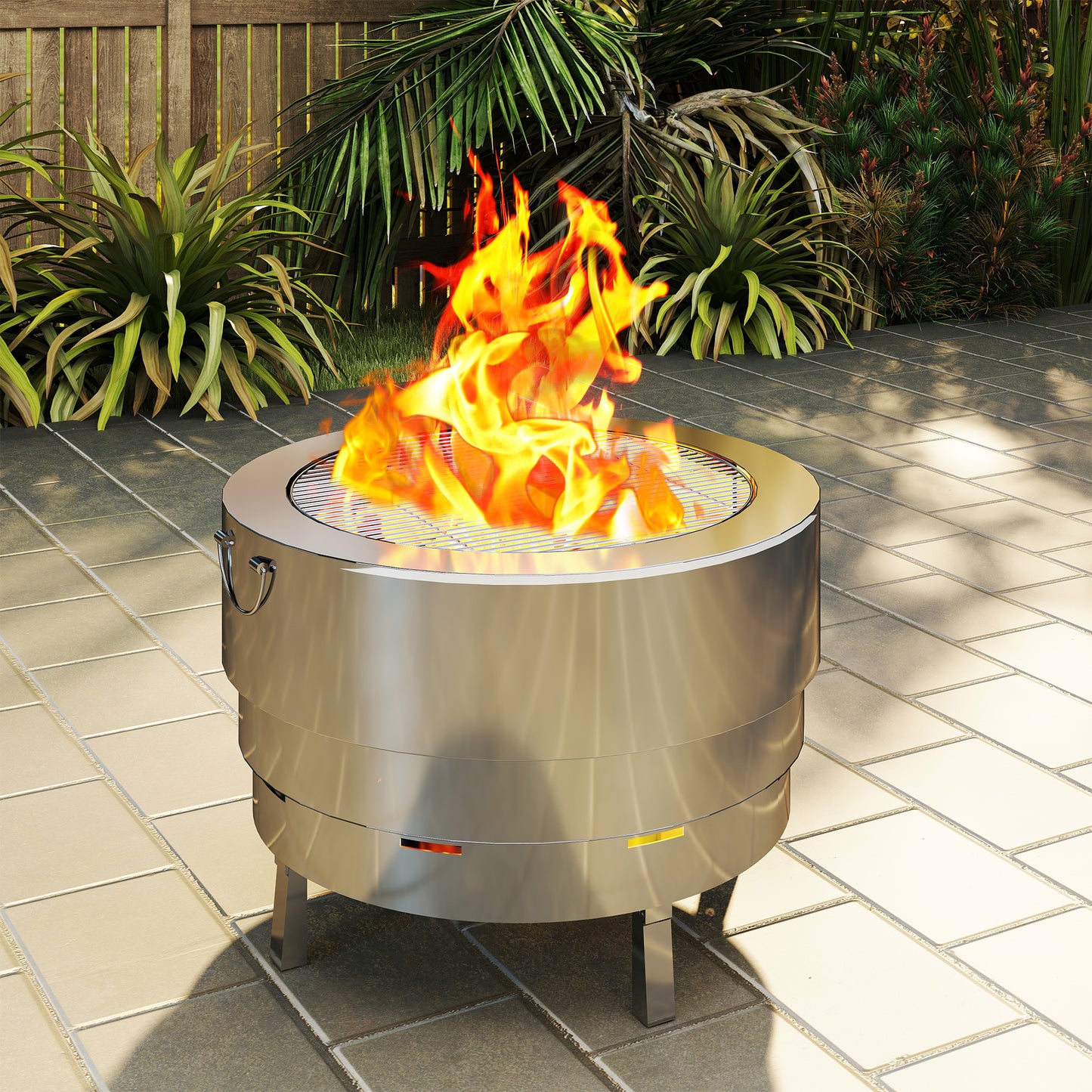 Round Fire Pit with Grill Net, Stainless Steel Firepit, Silver