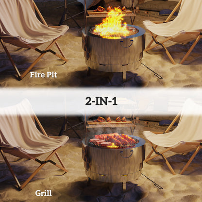 Round Fire Pit with Grill Net, Stainless Steel Firepit, Silver