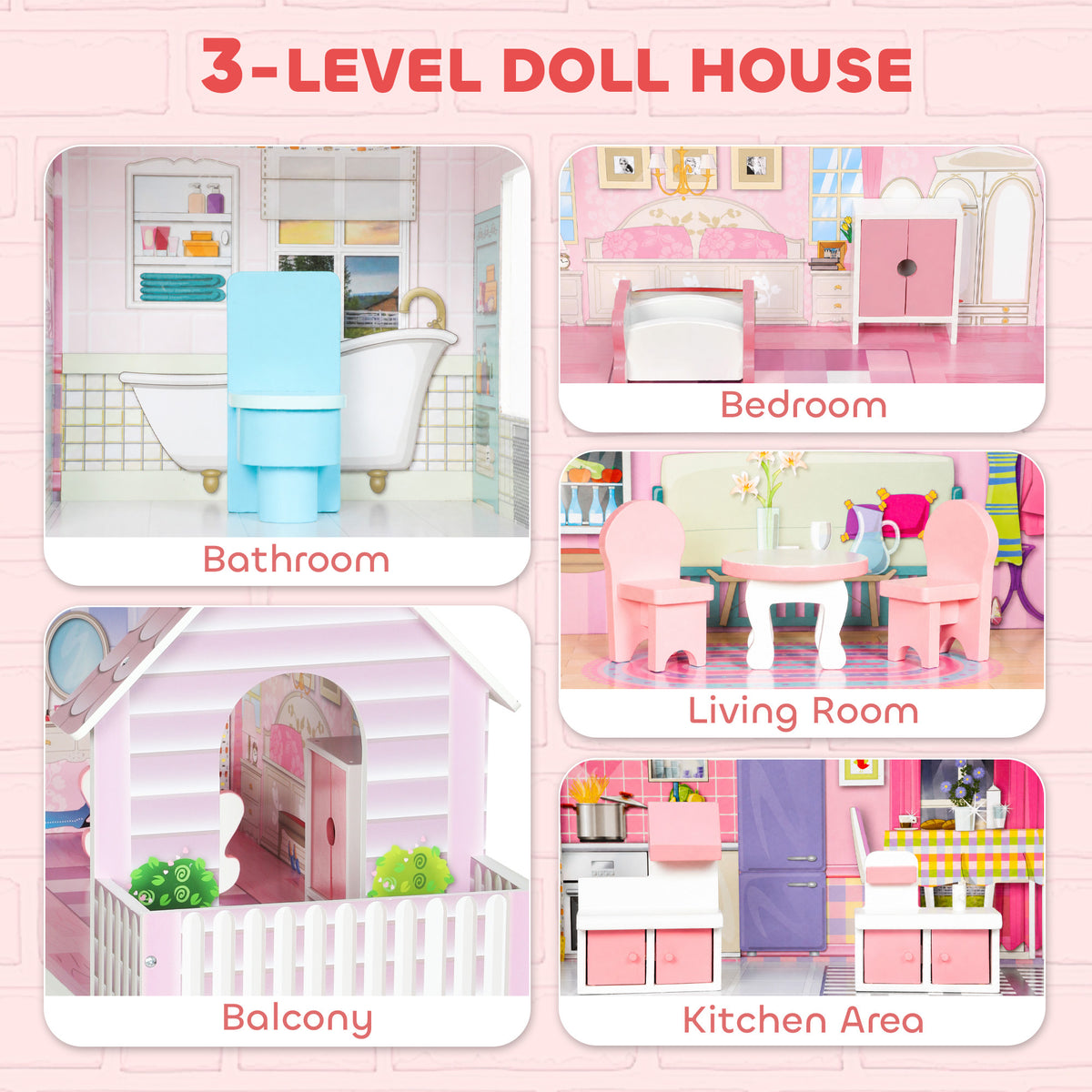 3-Storey Dolls' House with LED Lighting and 8 Furniture Pieces - Pink
