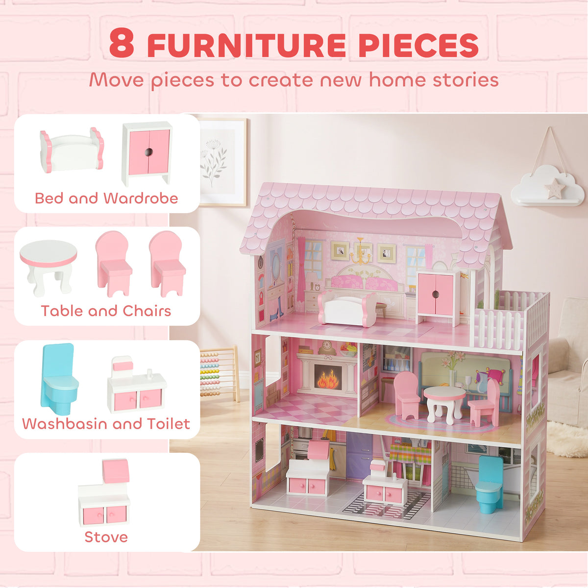 3-Storey Dolls' House with LED Lighting and 8 Furniture Pieces - Pink