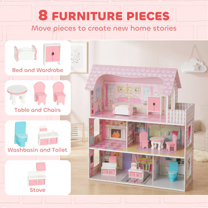 3-Storey Dolls' House with LED Lighting and 8 Furniture Pieces - Pink