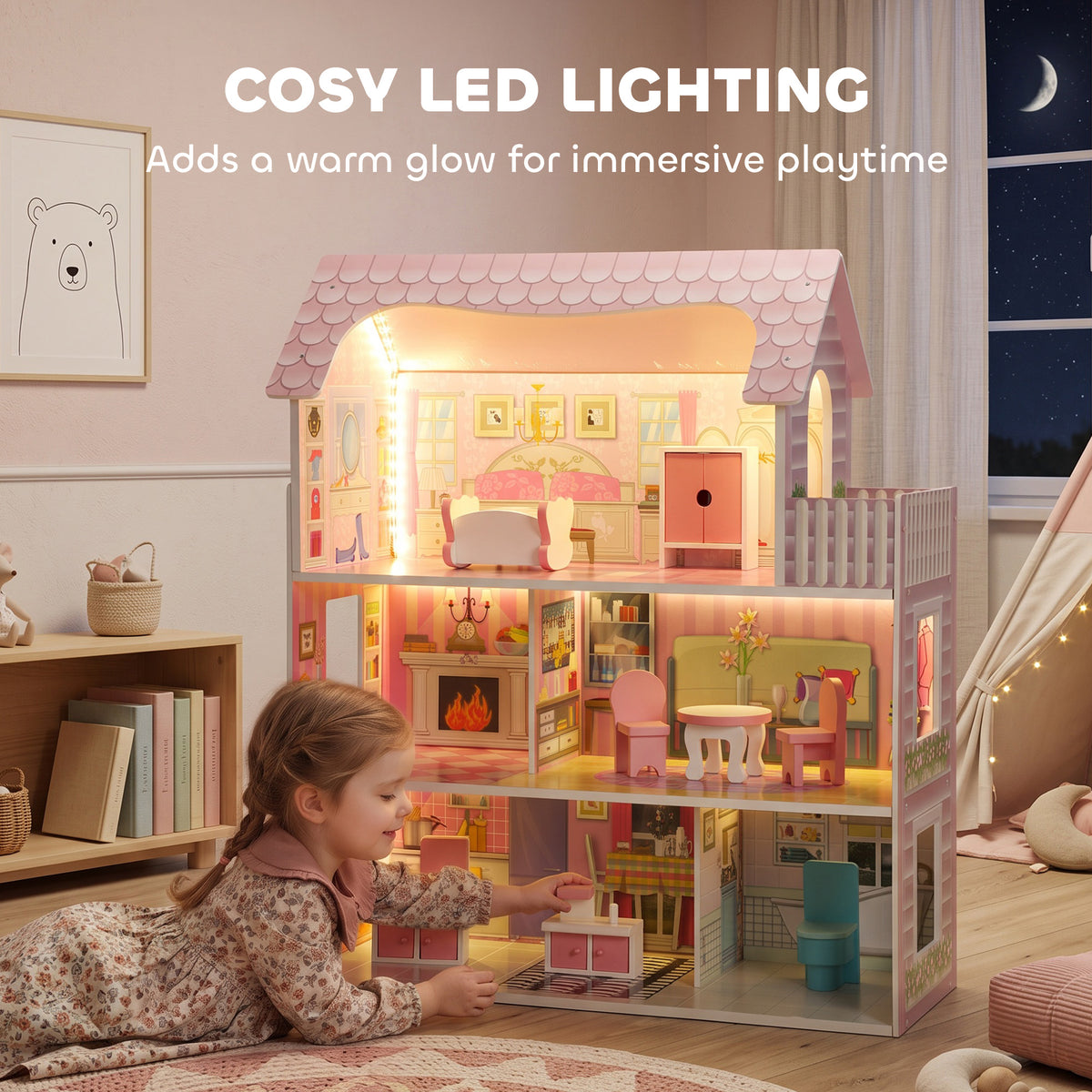 3-Storey Dolls' House with LED Lighting and 8 Furniture Pieces - Pink