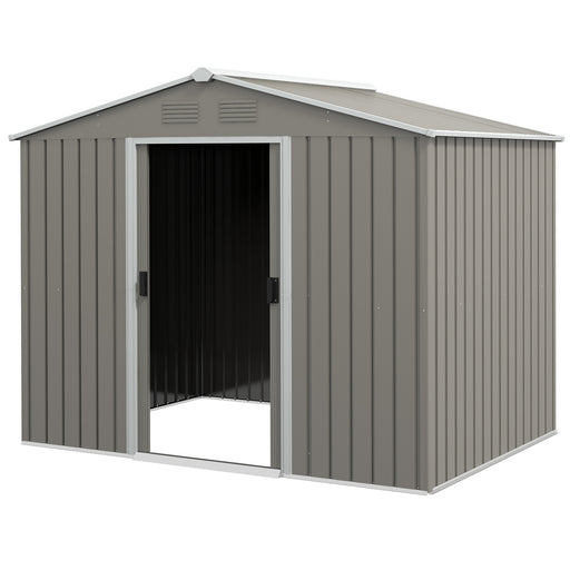 8 x 6ft Outdoor Garden Storage Shed, Metal Tool House with Ventilation and Sliding Doors, Light Grey