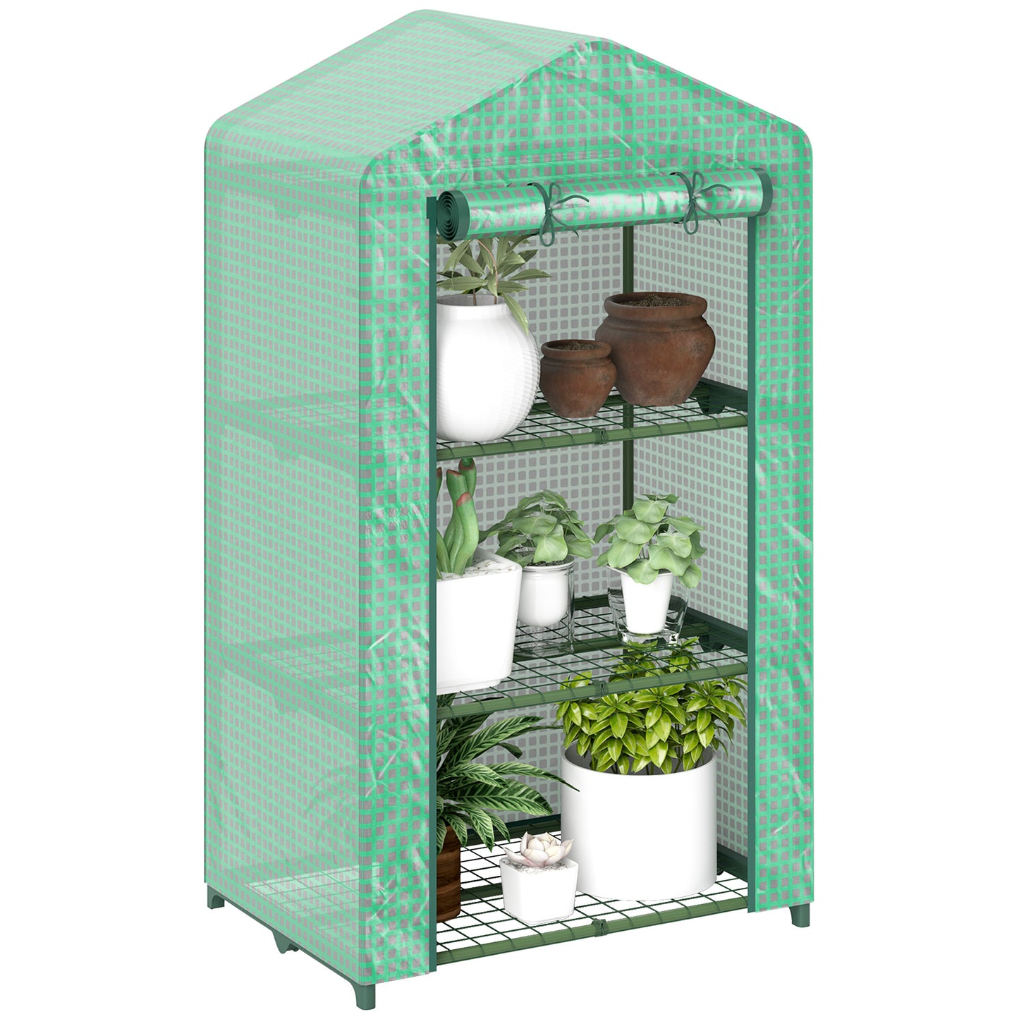 3 Tier Mini Greenhouse Grow House w/ Roll Up Door, Green