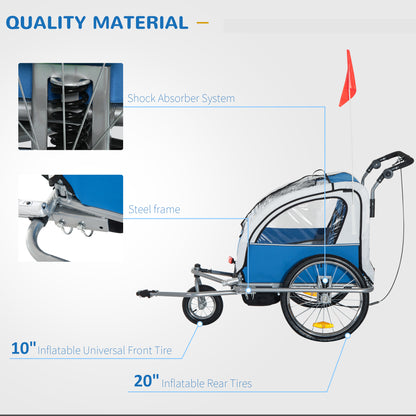 Bike Trailer 2-Seater for Bicycle Baby Child Jogger with Removable Canopy Storage Pocket Outdoor Steel Frame Blue
