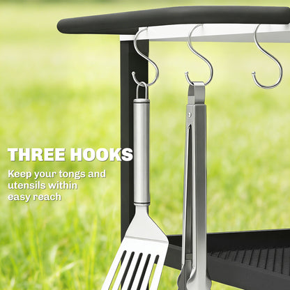 Outdoor Grill Cart, Pizza Oven Stand with Adjustable Shelf, Hooks