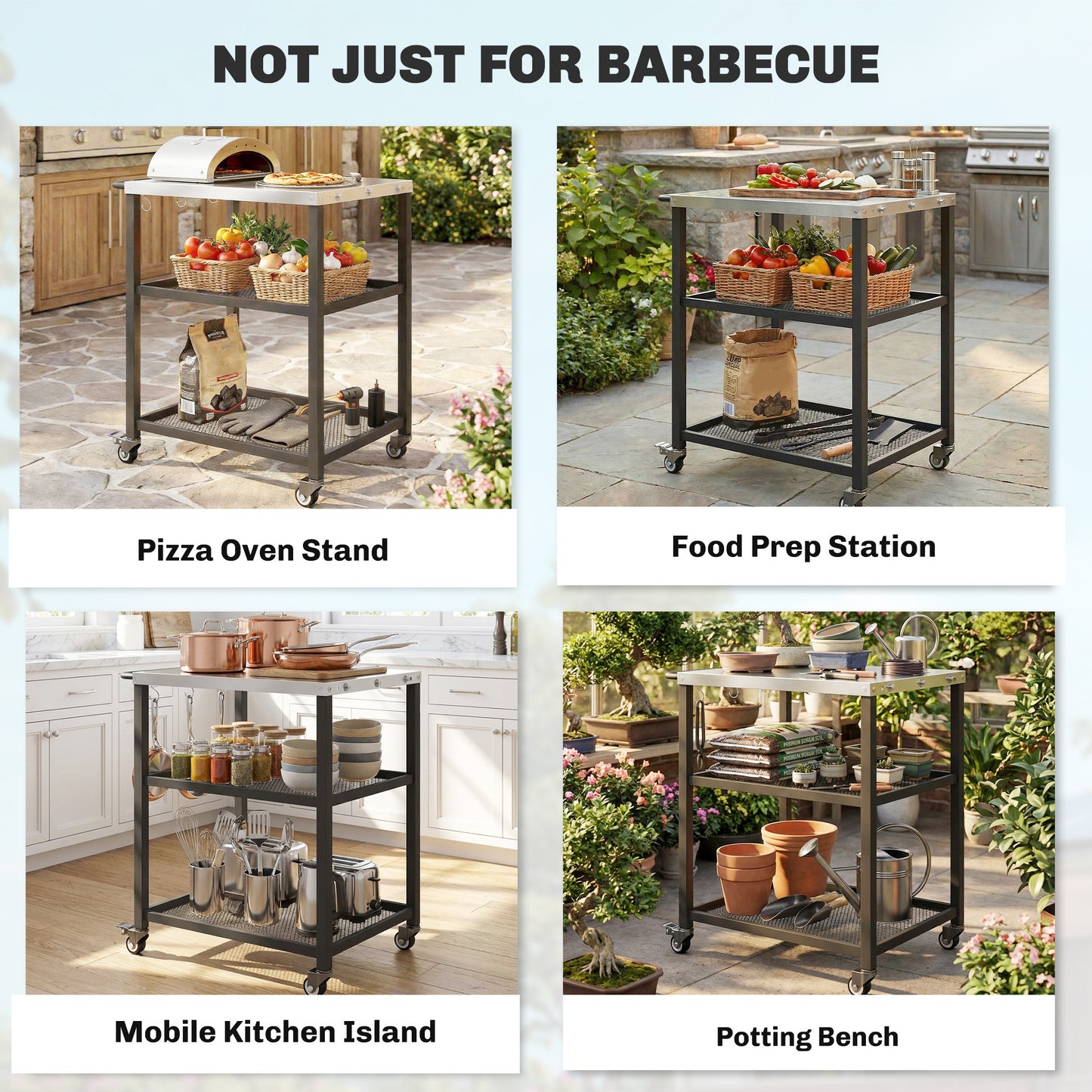 Outdoor Grill Cart, Pizza Oven Stand with Adjustable Shelf, Hooks