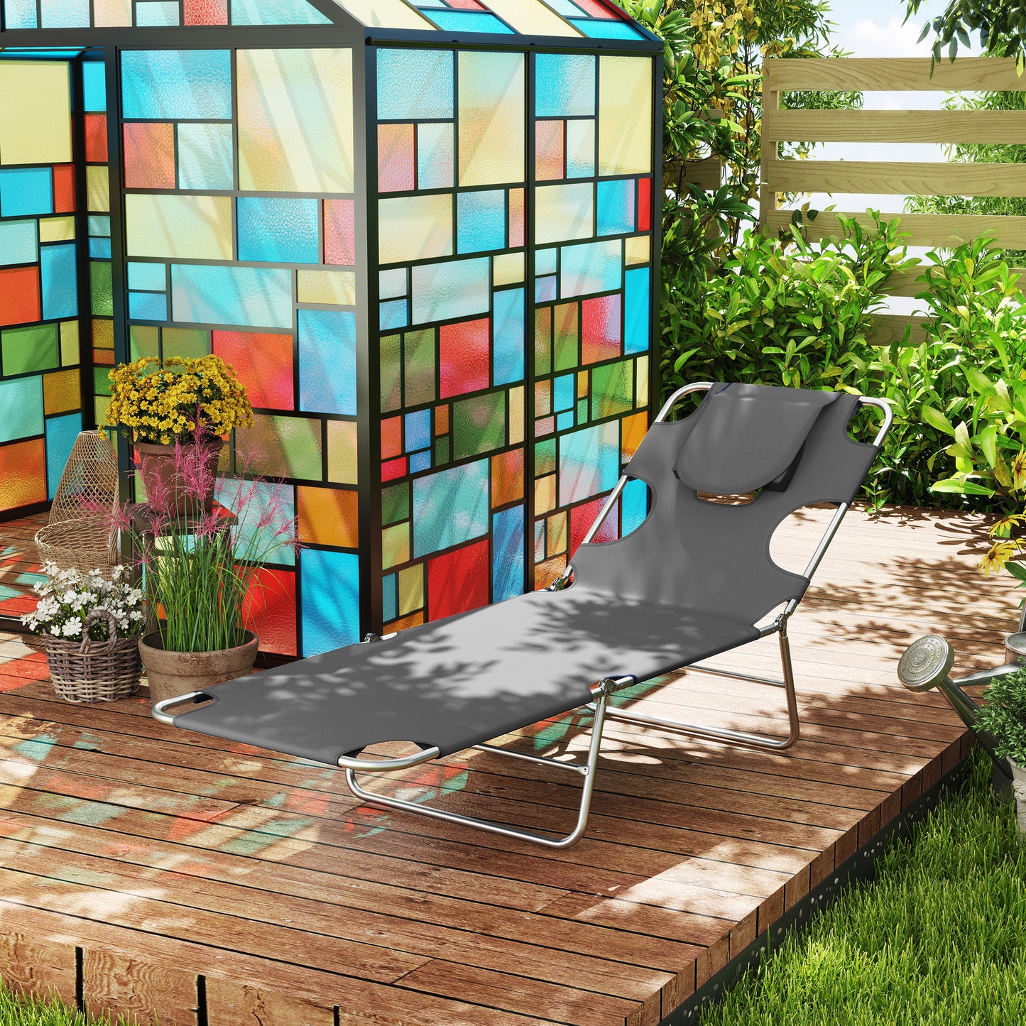 Sun Lounger with Reading Hole, Folding Garden Lounger, Dark Grey